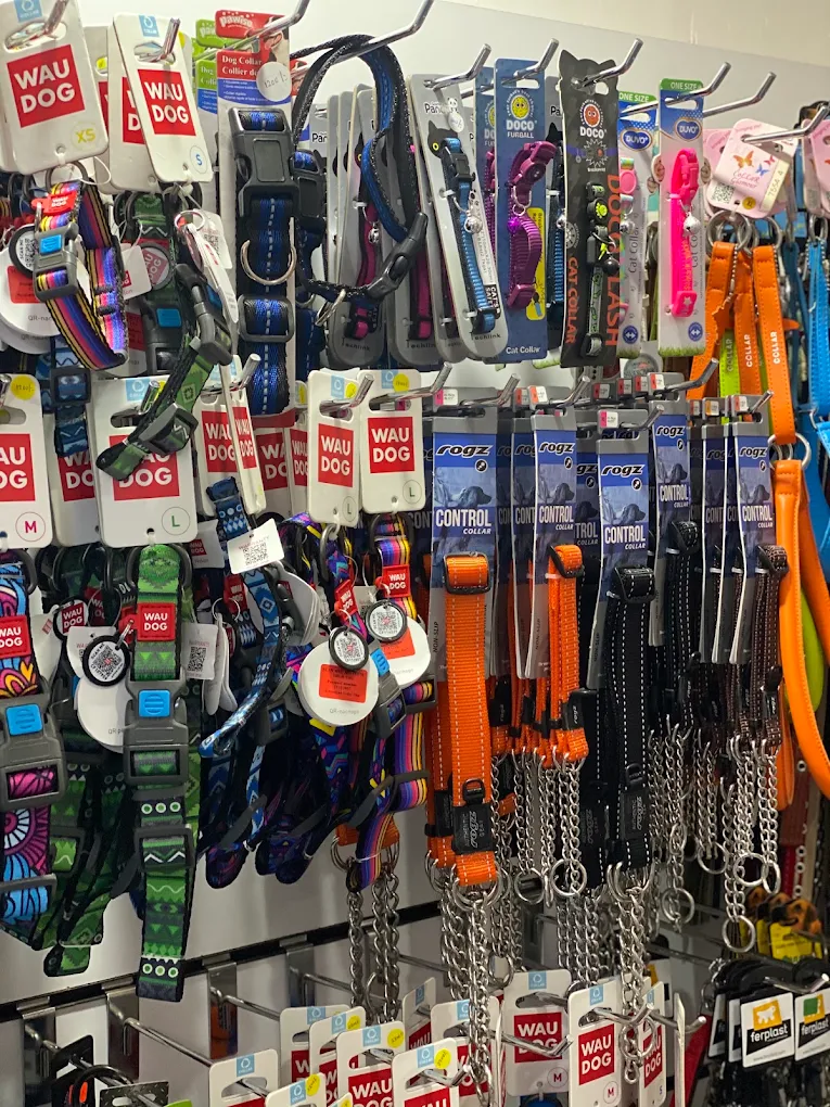 Wall of dog and cat collars and leashes at PetWorld